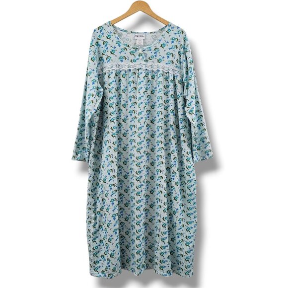Vintage Cozee Corner Flannel Nightgown Floral 2X Blue Green Cotton Prarie Warm - Picture 1 of 8